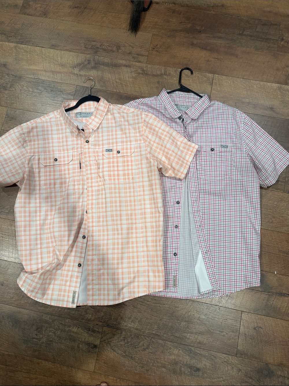 Drake Short-Sleeve Button-Down Shirts in Peach Plaid & White with Red Accents